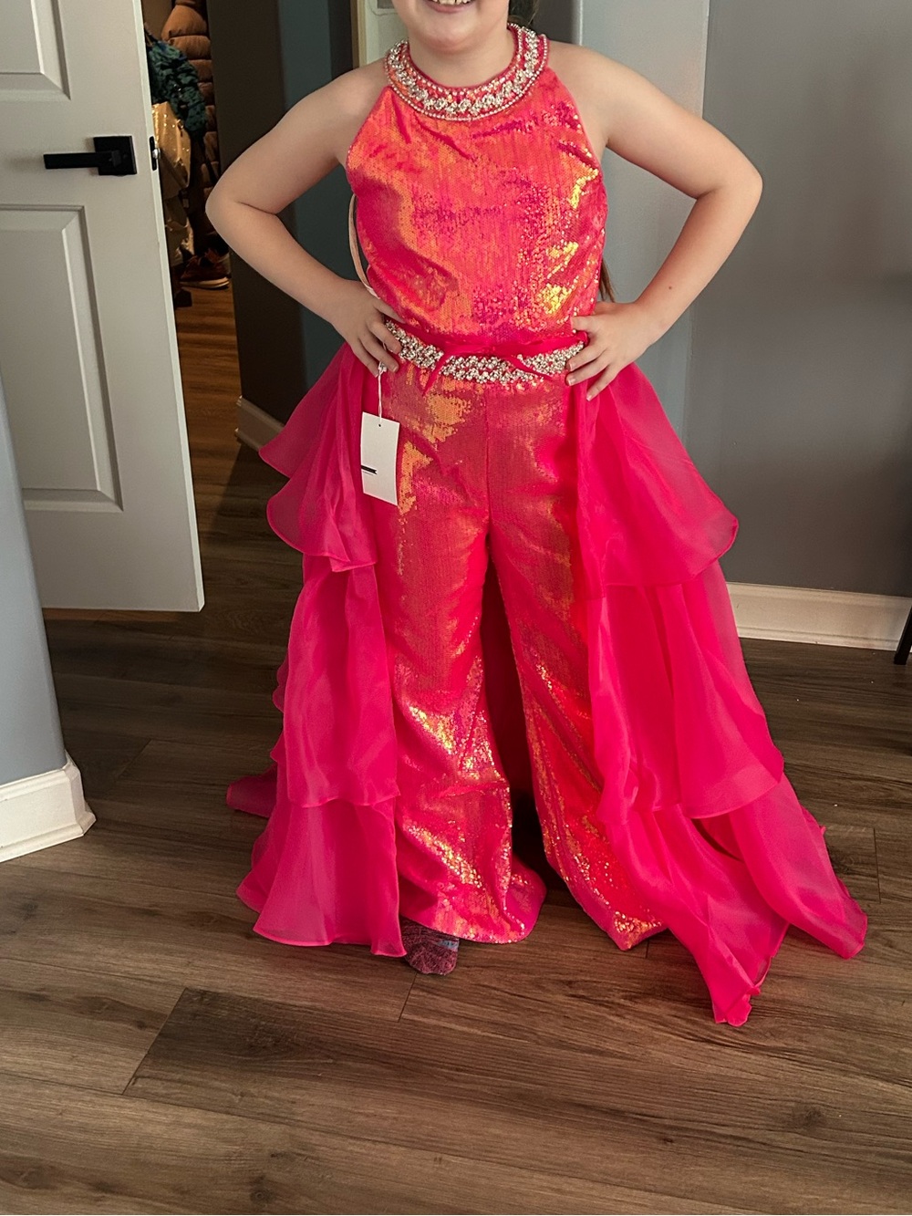 Girls' Hot Pink Sequin One-Piece Jumpsuit with Ruffle Overlay